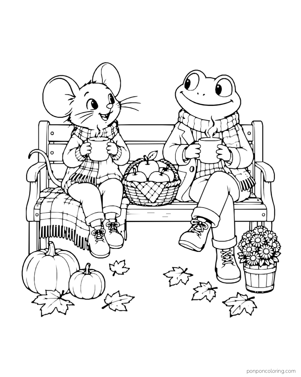 A mouse and frog sit on a bench holding mugs with an apple basket between them.