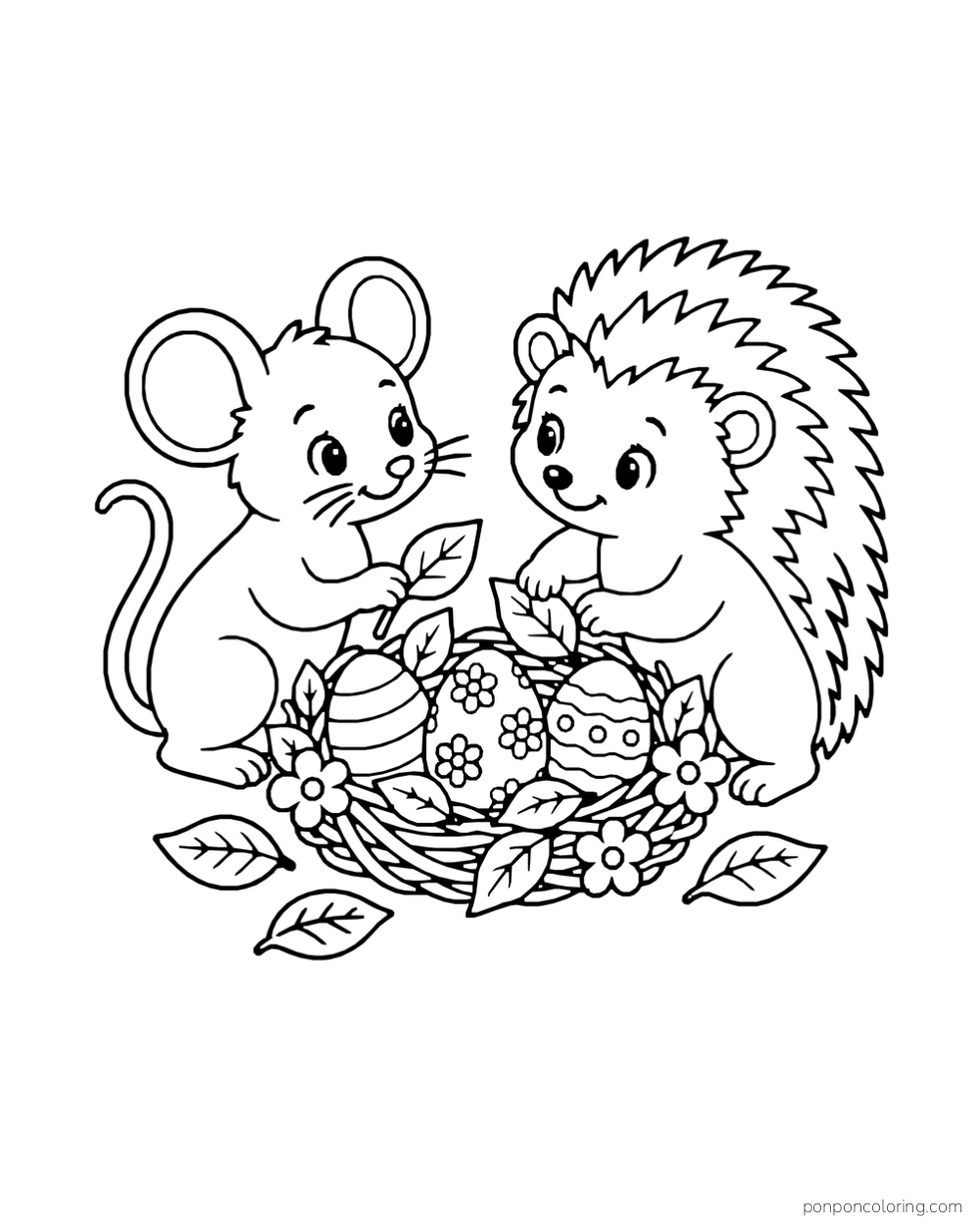 A mouse and hedgehog arrange leaves around a woven nest of flower-patterned and striped eggs.