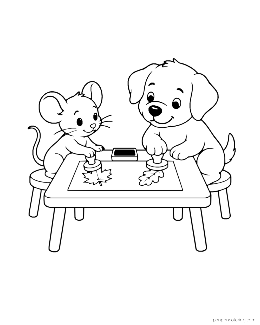 A mouse and puppy stamp leaf shapes onto paper at a table with an ink pad.