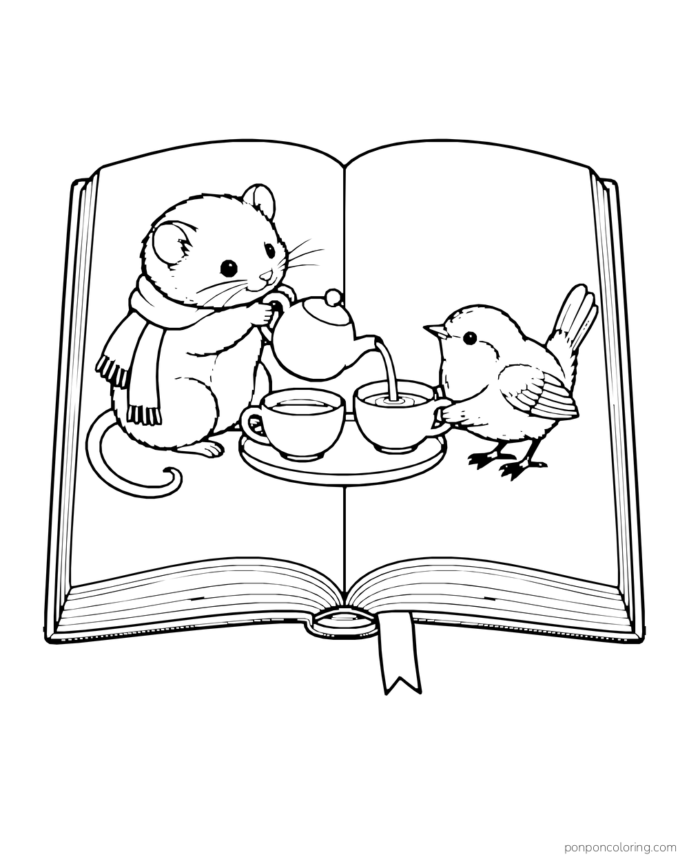 Mouse pours tea for a little wren on the open pages of a large book.