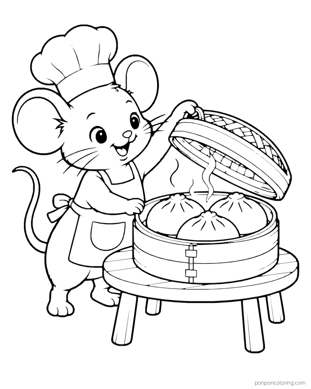 A mouse in a chef's hat lifts the lid of a bamboo steamer to show three large buns.