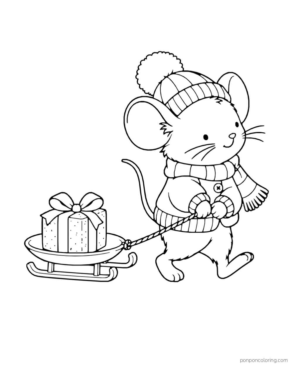 A mouse in a knitted hat pulls a saucer sled carrying a wrapped present.
