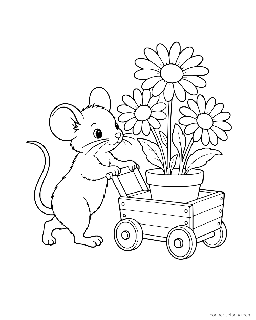 A mouse pushes a tiny four-wheeled cart holding a pot of daisies.
