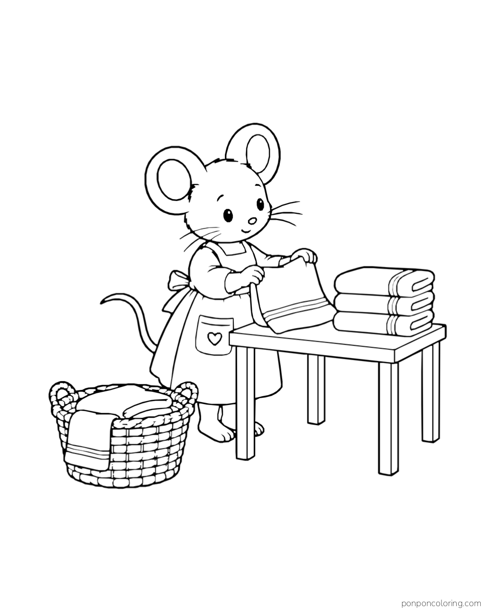 A mouse in an apron folds a striped towel at a table beside a basket of laundry.