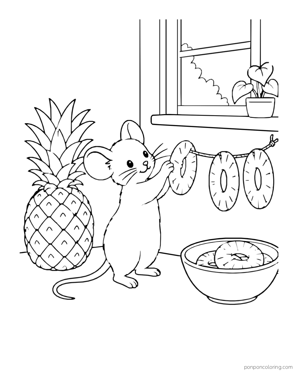 Mouse stringing pineapple rings beside a window, with a whole fruit and bowl nearby.