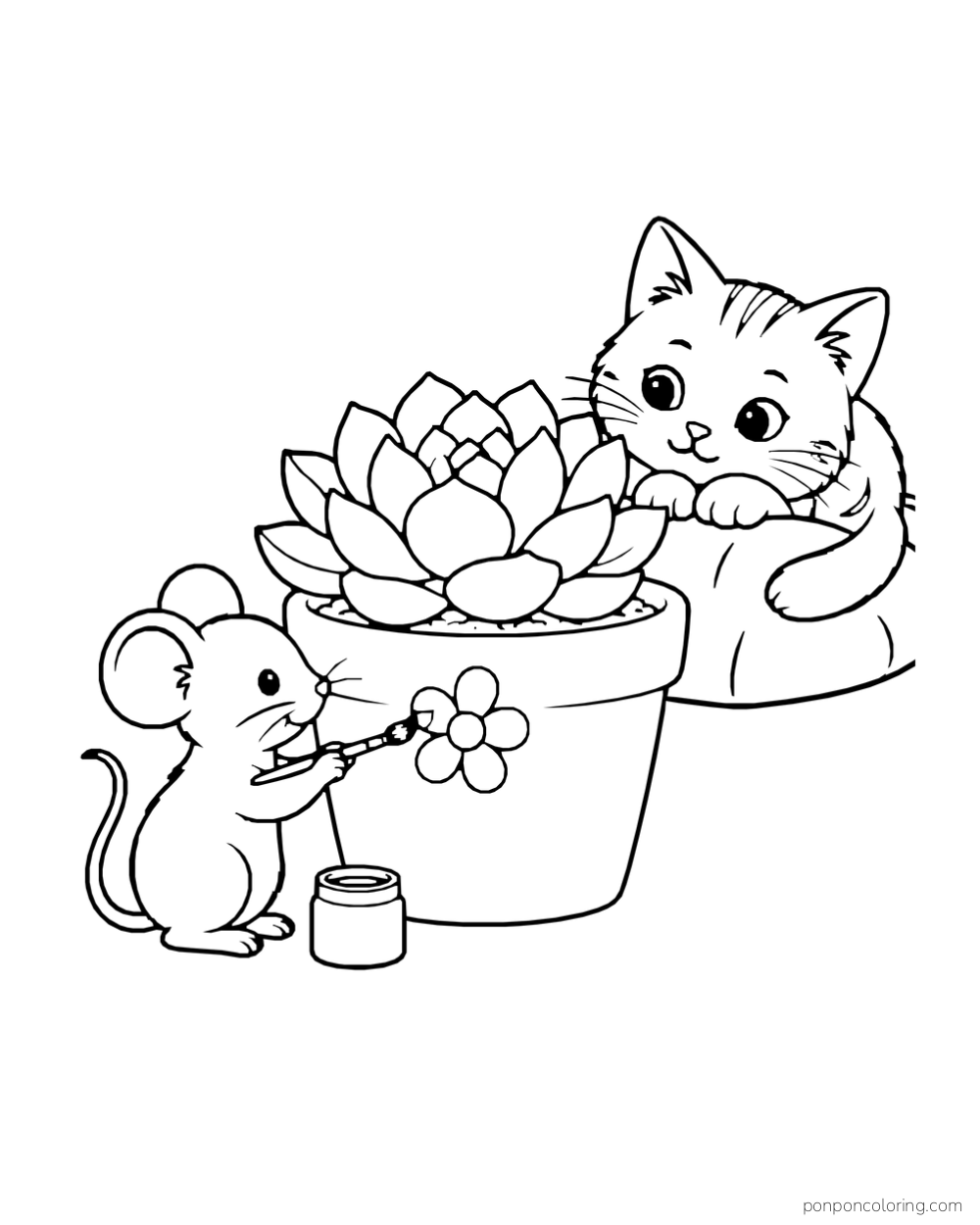 Mouse holding a flower beside a large rosette pot while a kitten looks over the rim.
