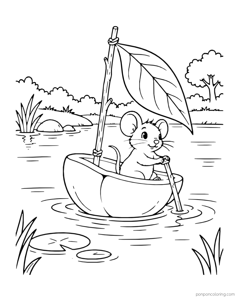 Mouse in a peach-half boat using a leaf sail on a pond.
