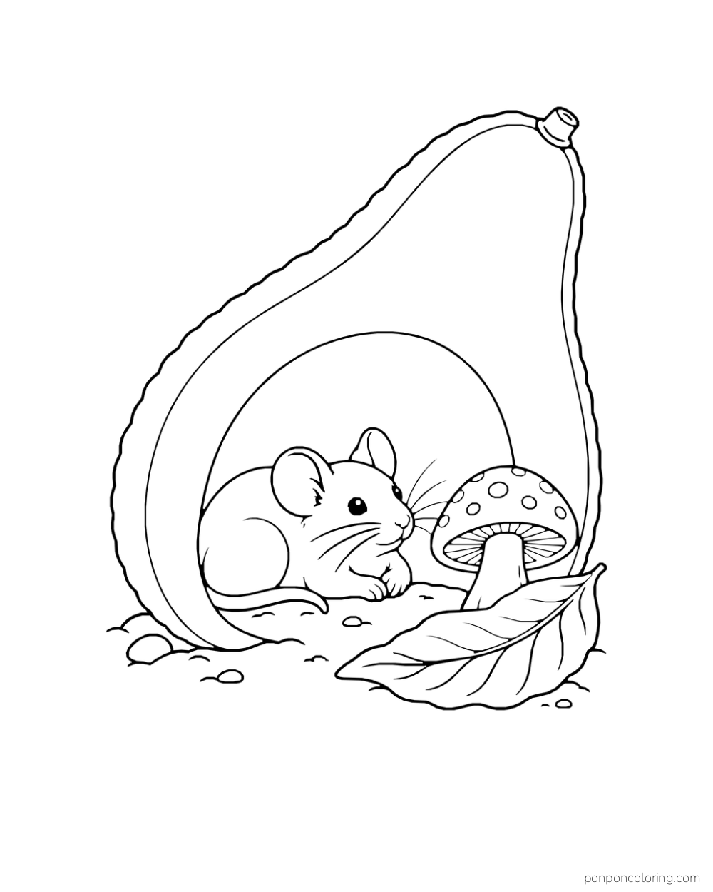 A small adult mouse rests inside the arch of an empty avocado half beside a mushroom and broad leaf.