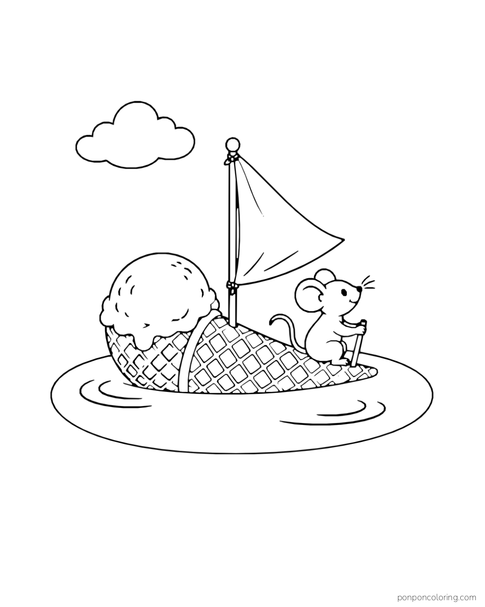 A mouse steers a fantasy waffle-cone boat with an ice cream scoop beneath a sail on a small pond.