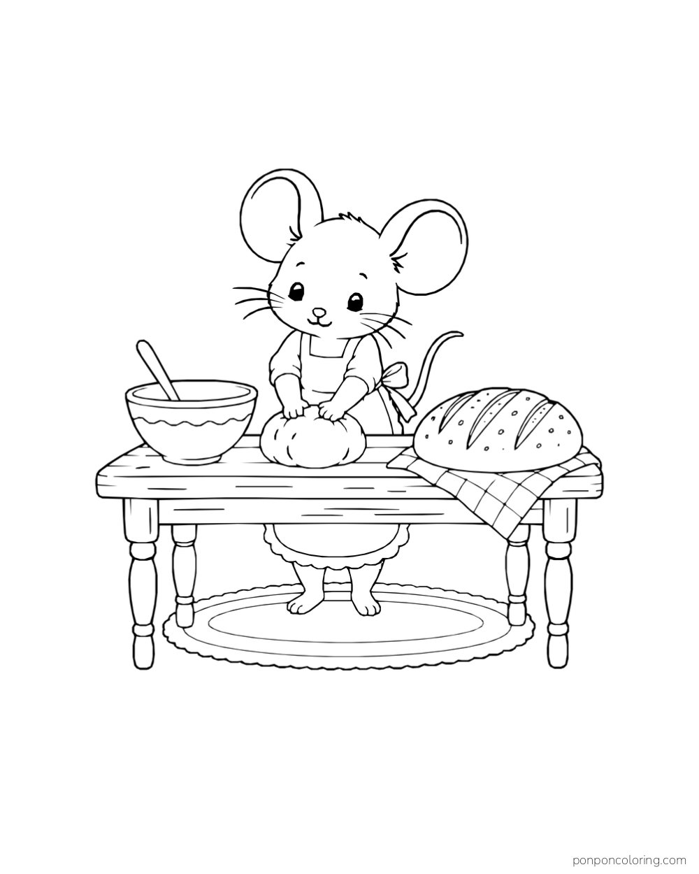 A mouse in an apron kneading dough at a wooden table beside a mixing bowl and a scored bread loaf.