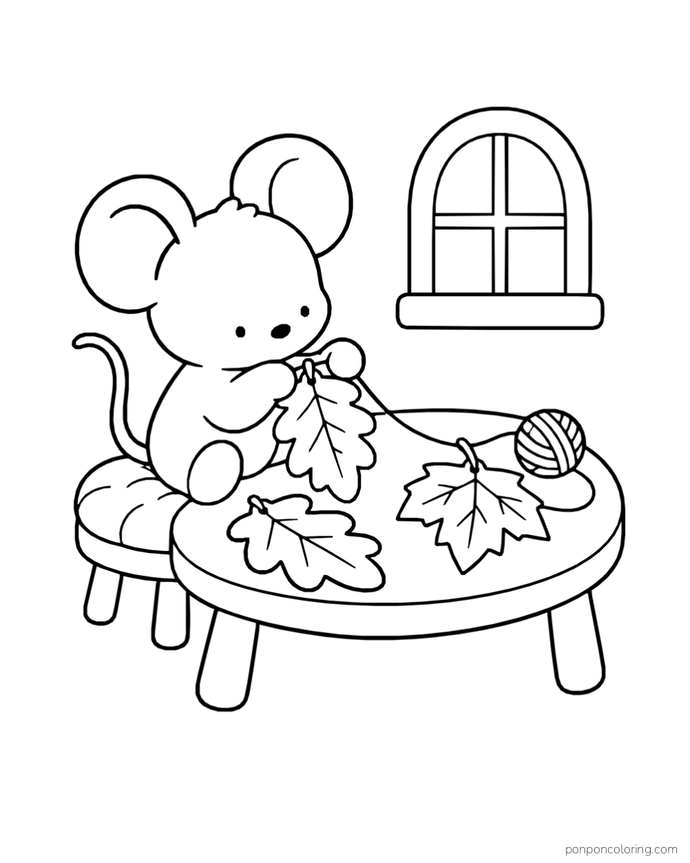 A mouse holding a large leaf and string at a table with two more leaves and a ball of yarn.