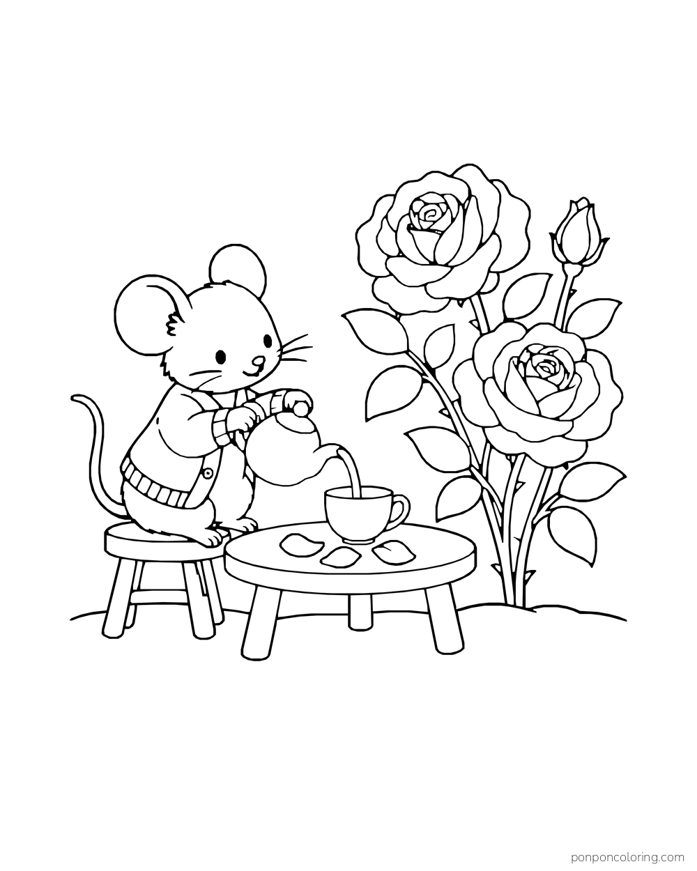Little mouse pouring from a teapot into a cup beside two tall roses.