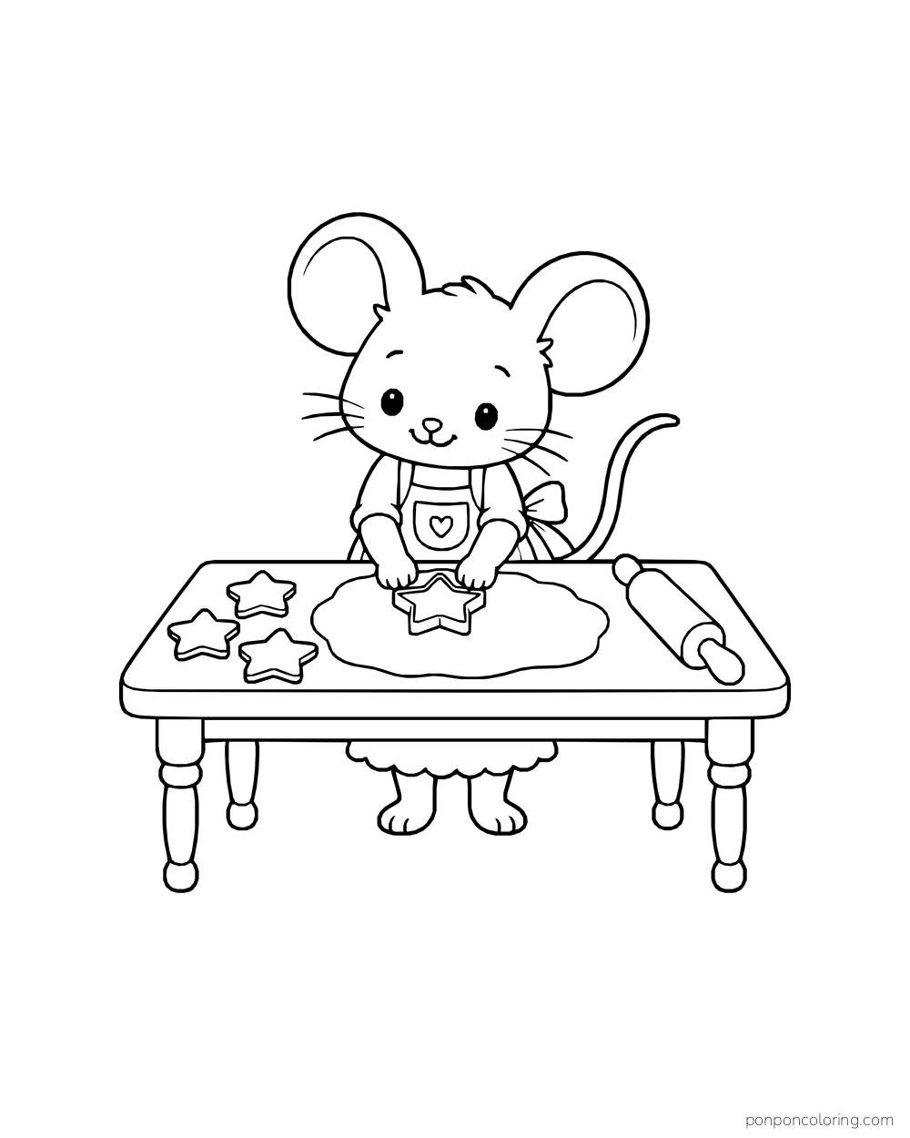 A mouse in an apron pressing a star cutter into dough beside three star cookies and a rolling pin on a table.