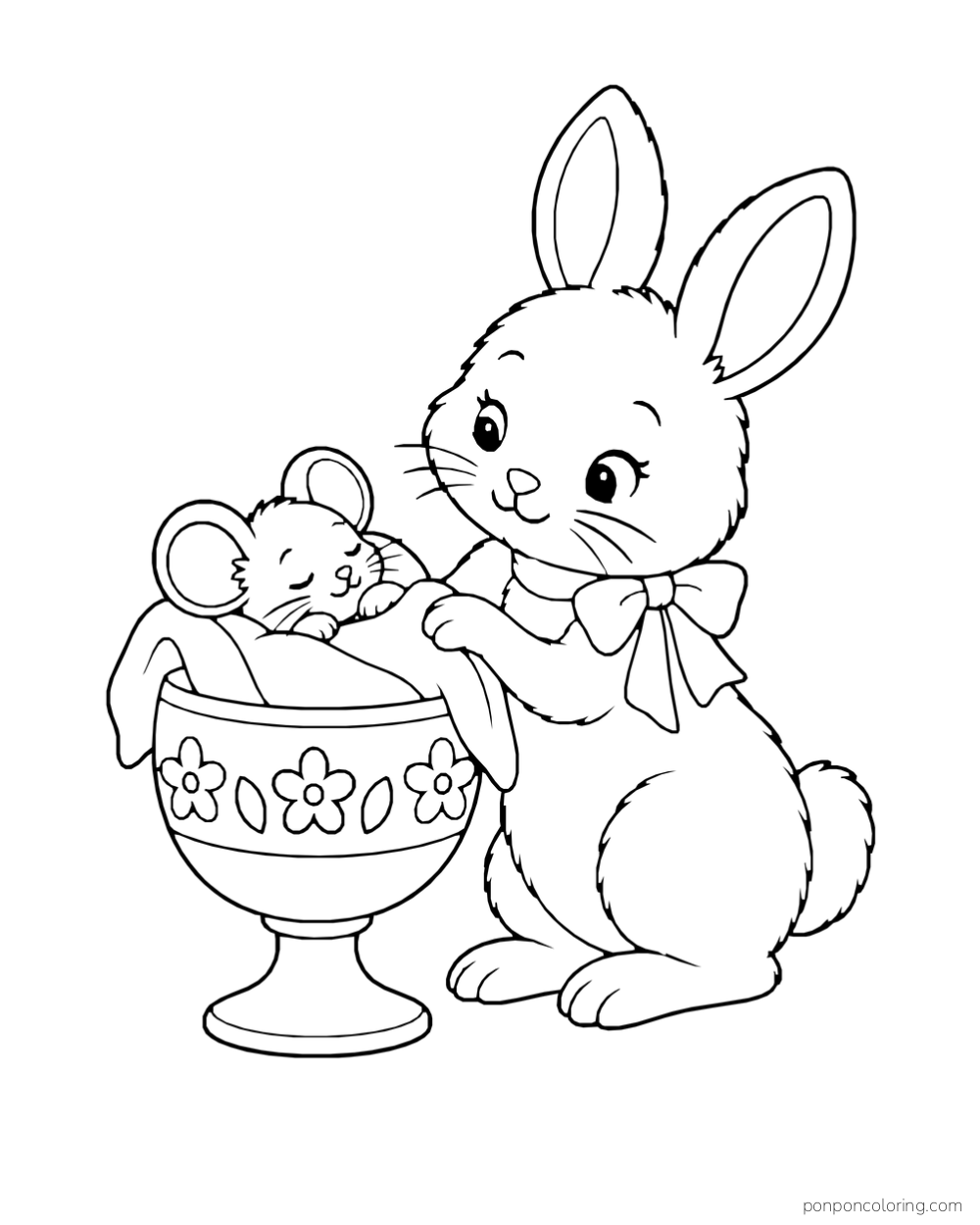 A rabbit tucks a blanket around a sleeping mouse nestled in a flower-decorated egg cup.