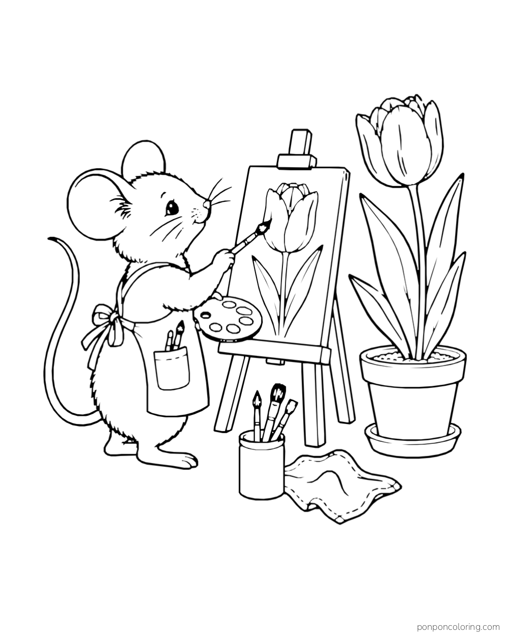 A mouse painting at a little easel beside the potted tulip used as its model.