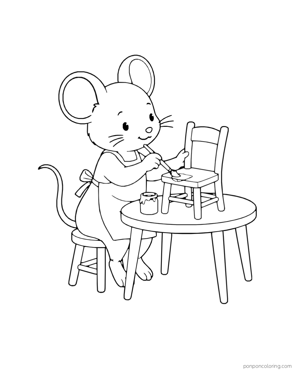 A mouse sits at a round table and paints a miniature wooden chair.