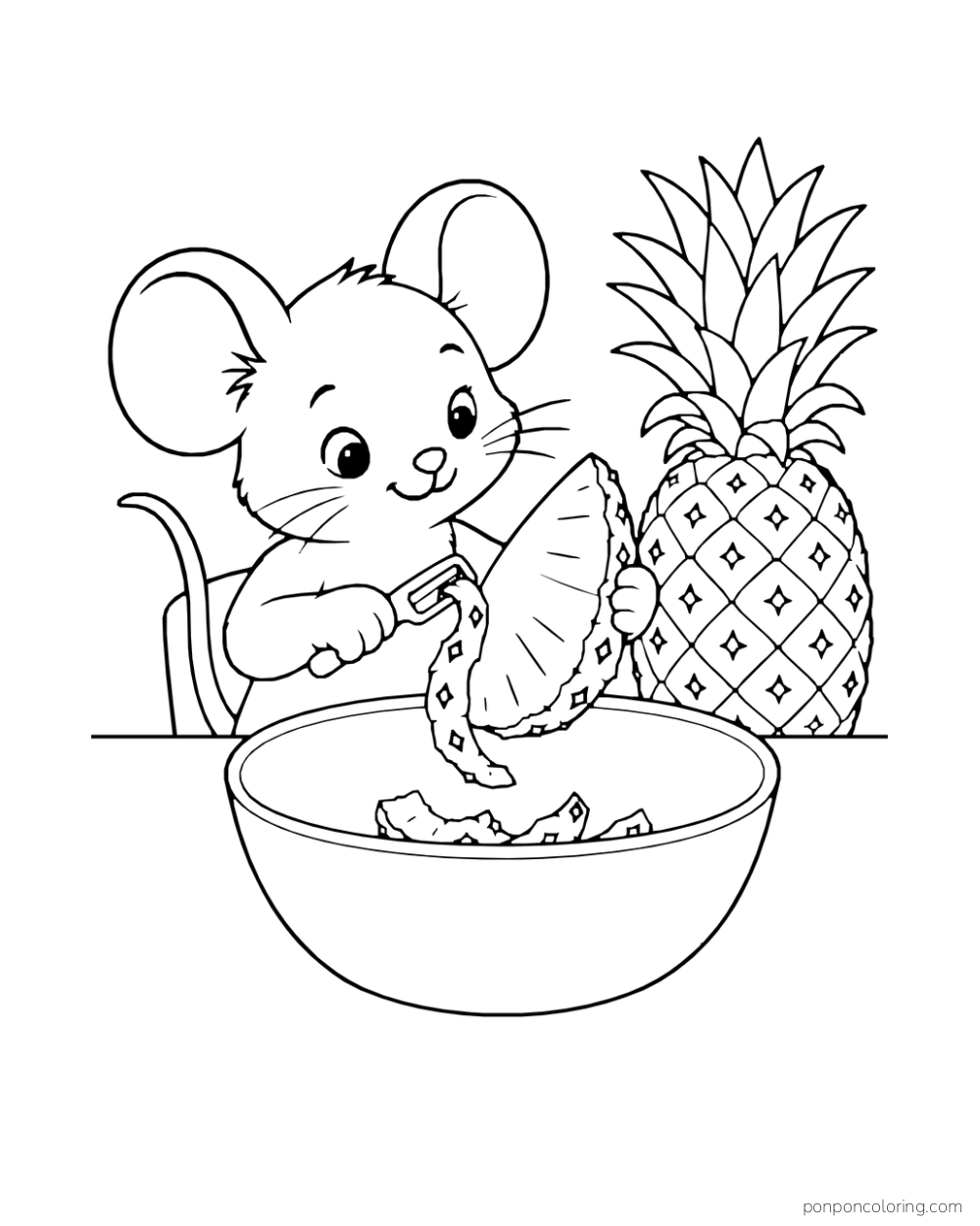 Mouse peeling the edge of a pineapple wedge over a bowl beside a whole fruit.