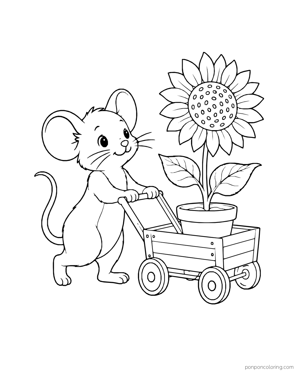 A mouse pushing a small cart with a potted sunflower.