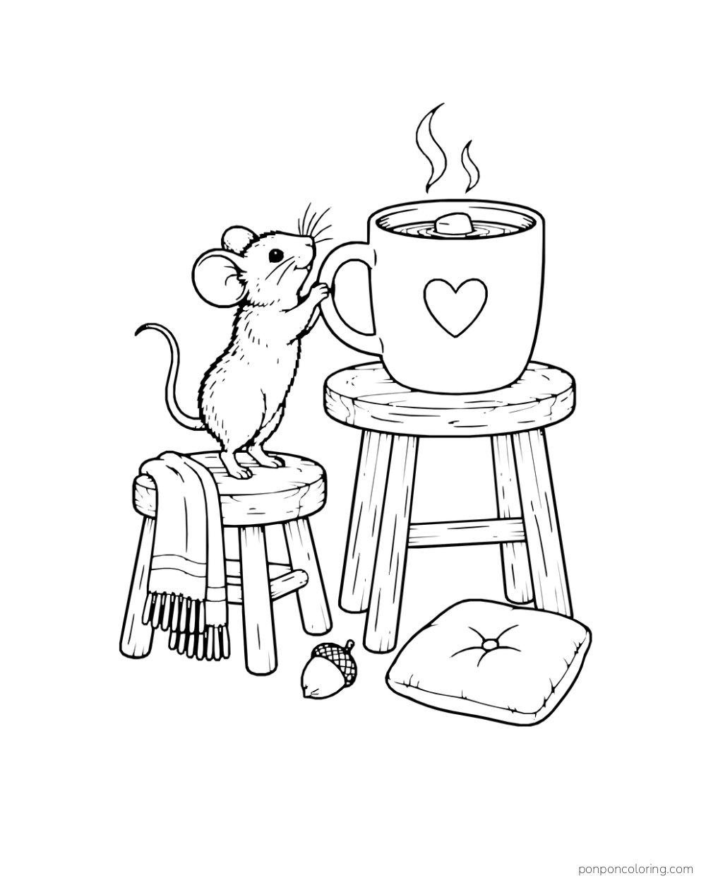 A mouse stands on a small stool and reaches toward a large cocoa mug on a taller stool.