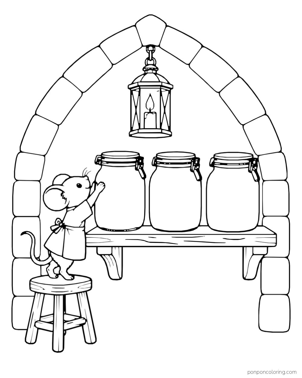 A mouse standing on a stool and reaching toward three jars on a shelf beneath a stone arch and lantern.