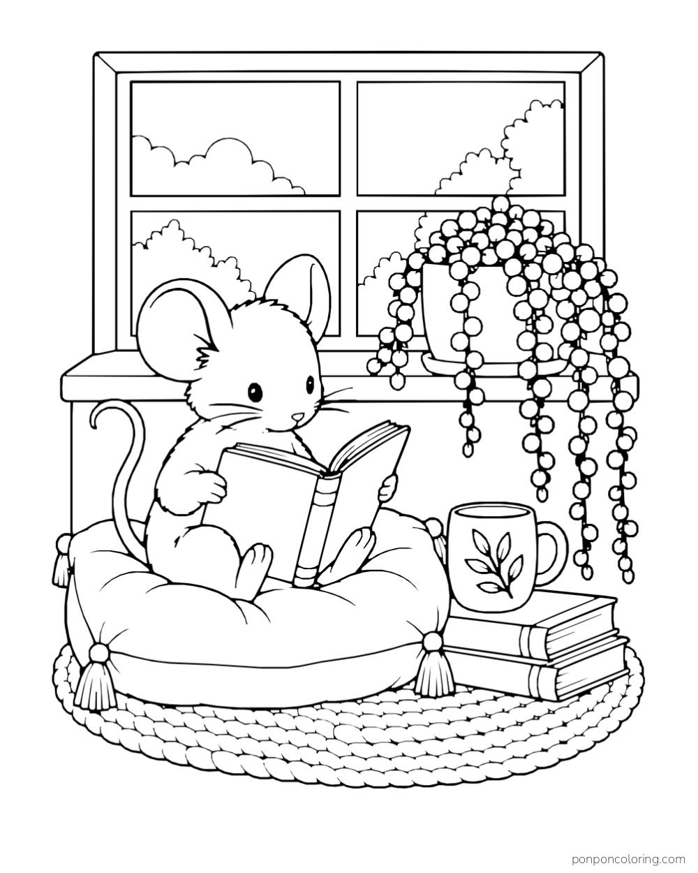 Mouse reading on a cushion beneath a window beside a long trailing succulent in a pot.