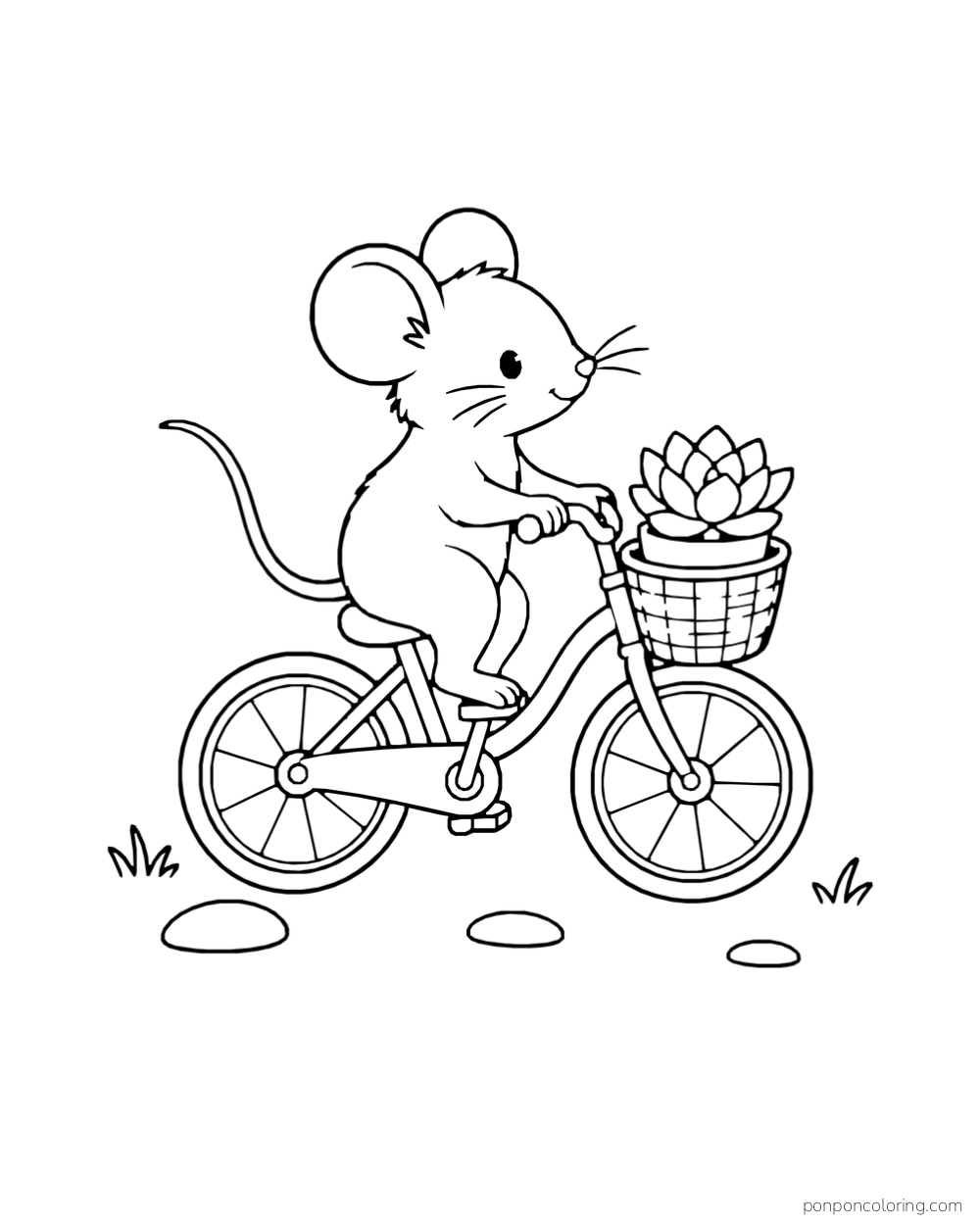 Mouse riding a bicycle with a small rosette pot in the front basket.