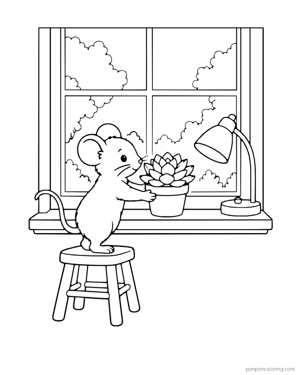 Mouse on a stool holding a small rosette pot at a windowsill beside a reading lamp.