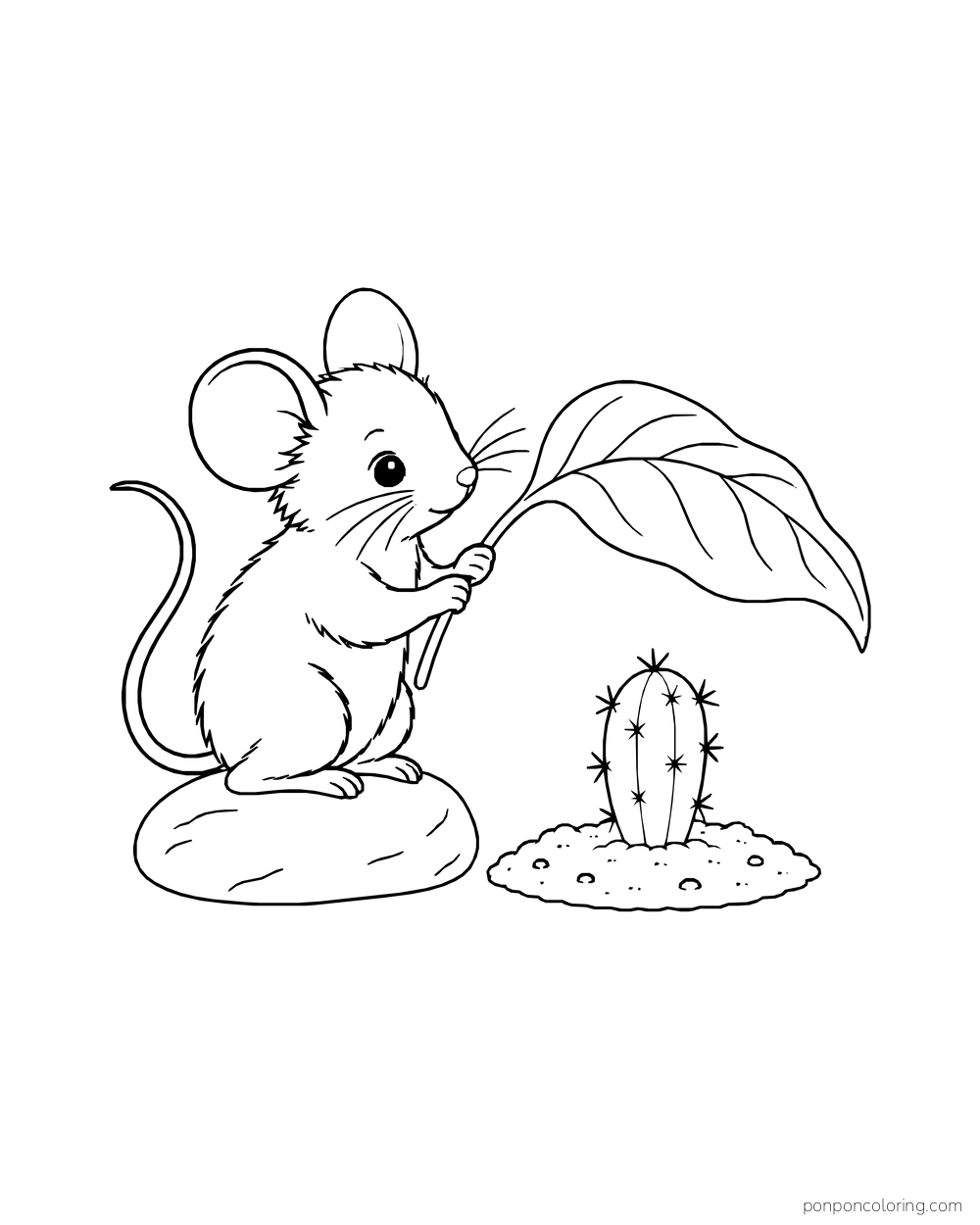 A mouse holds a broad leaf above a small cactus seedling growing in a mound of soil.