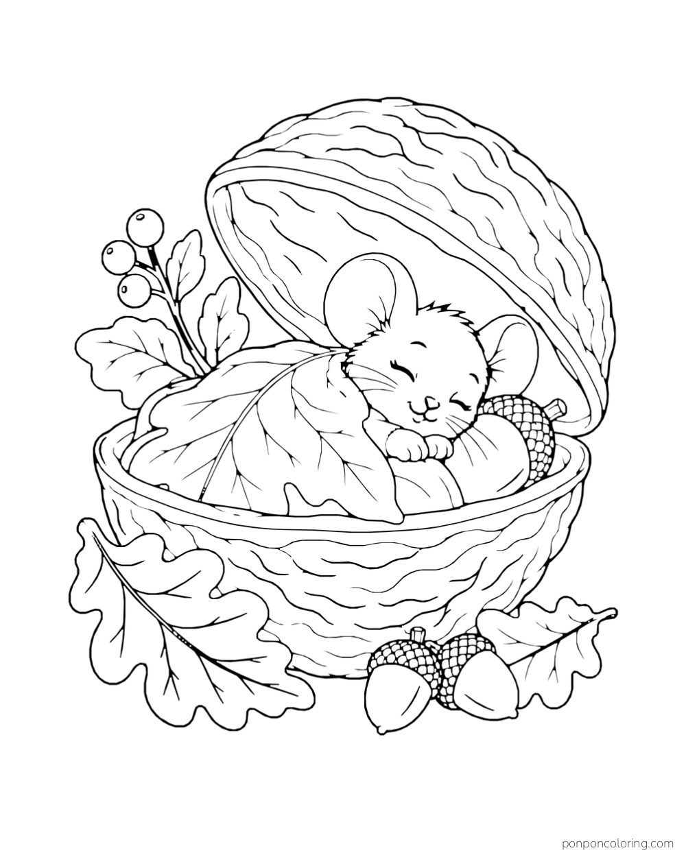 A mouse sleeps in an open walnut shell under a leaf blanket beside acorns and berries.