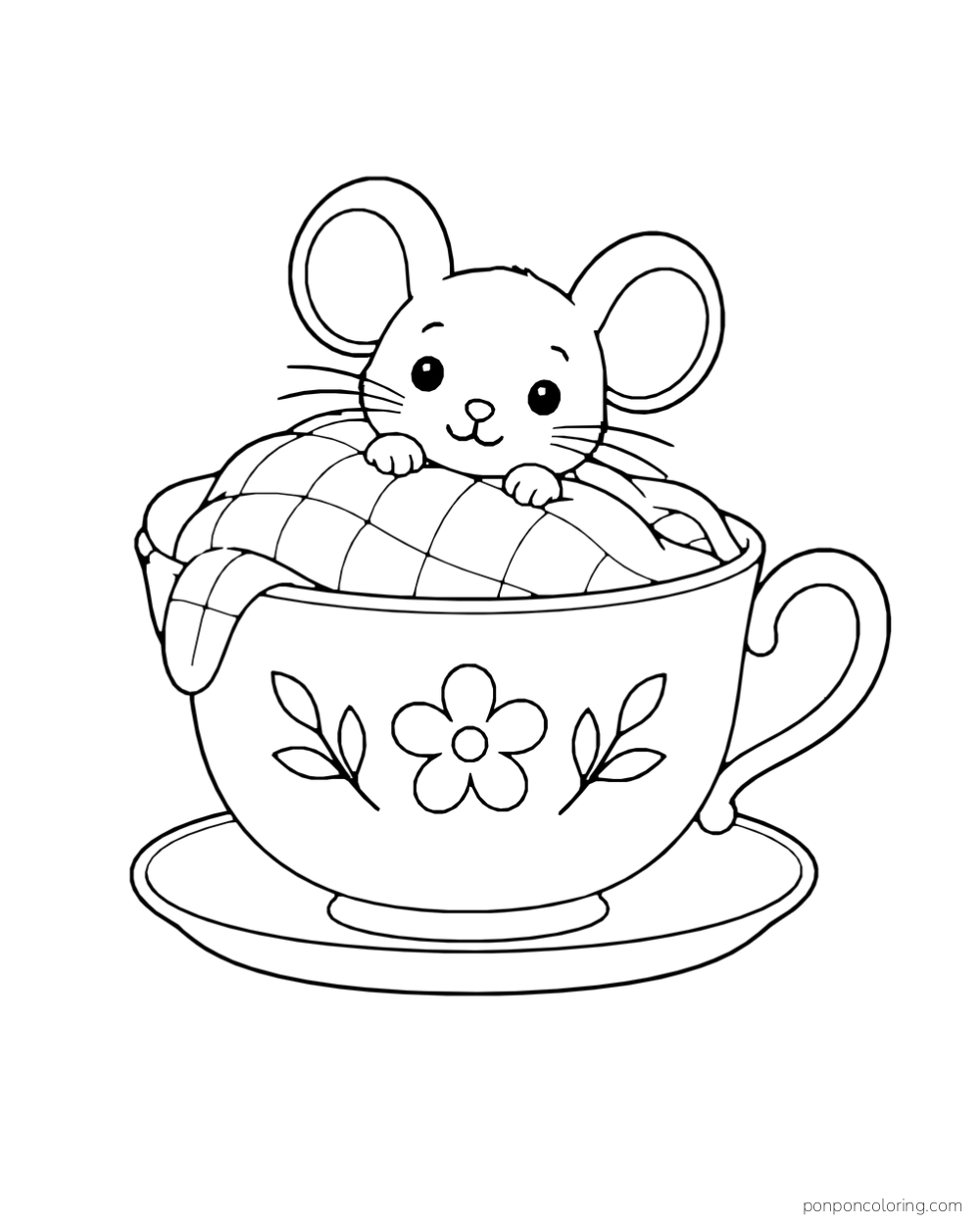 A mouse rests under a checked quilt inside a large floral teacup on a saucer.