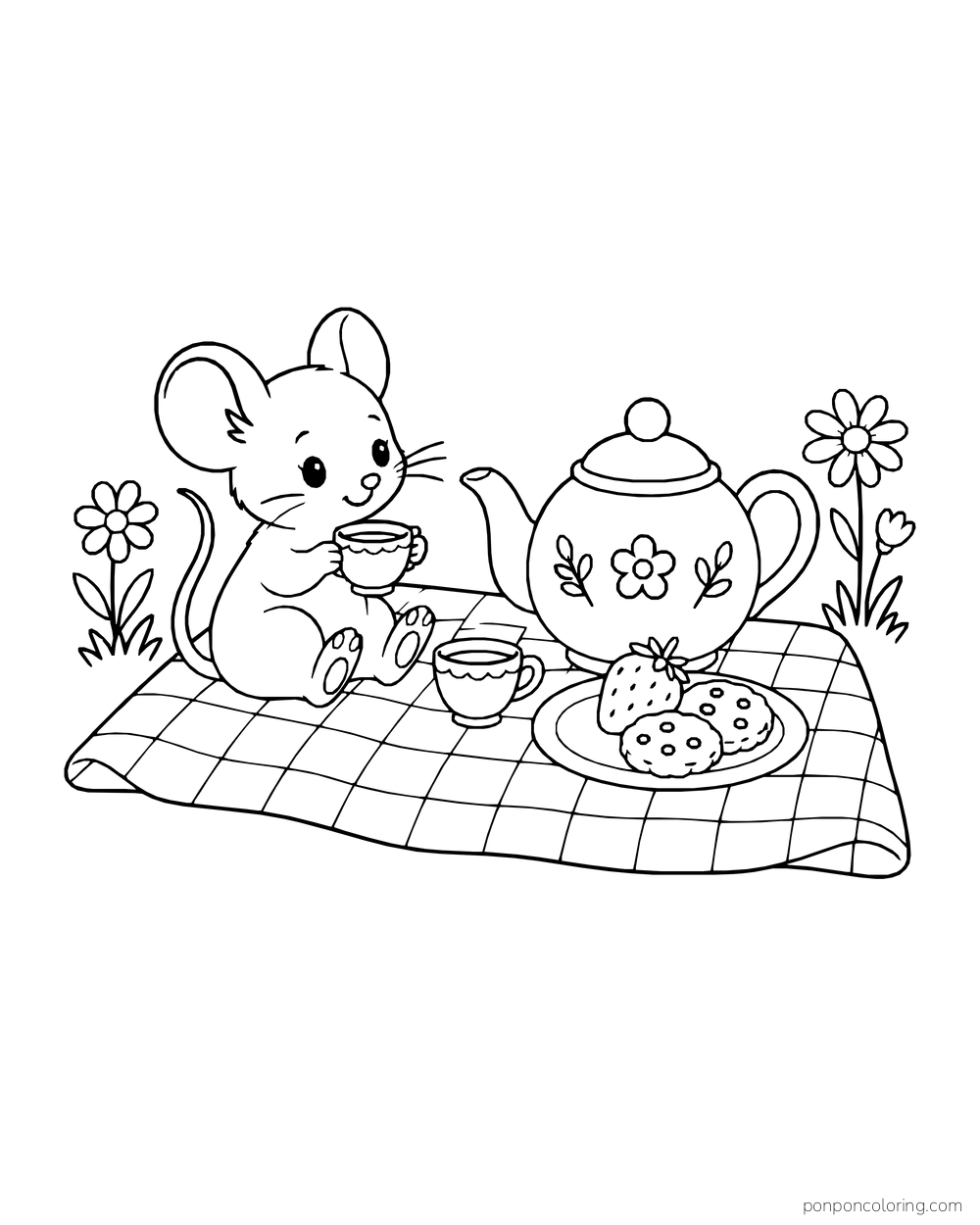 Mouse holds a teacup on a checked picnic blanket beside a teapot, cookies, and a strawberry.