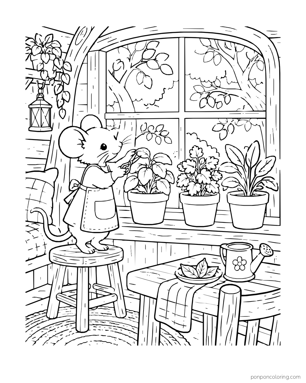 A mouse tends three potted herbs beside a treehouse window.