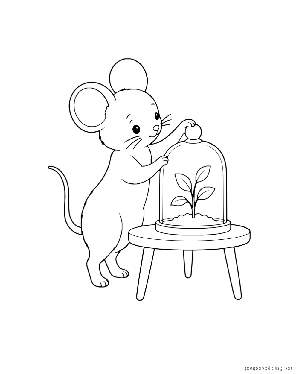 A mouse lifts the lid of a glass dome covering a small plant on a table.