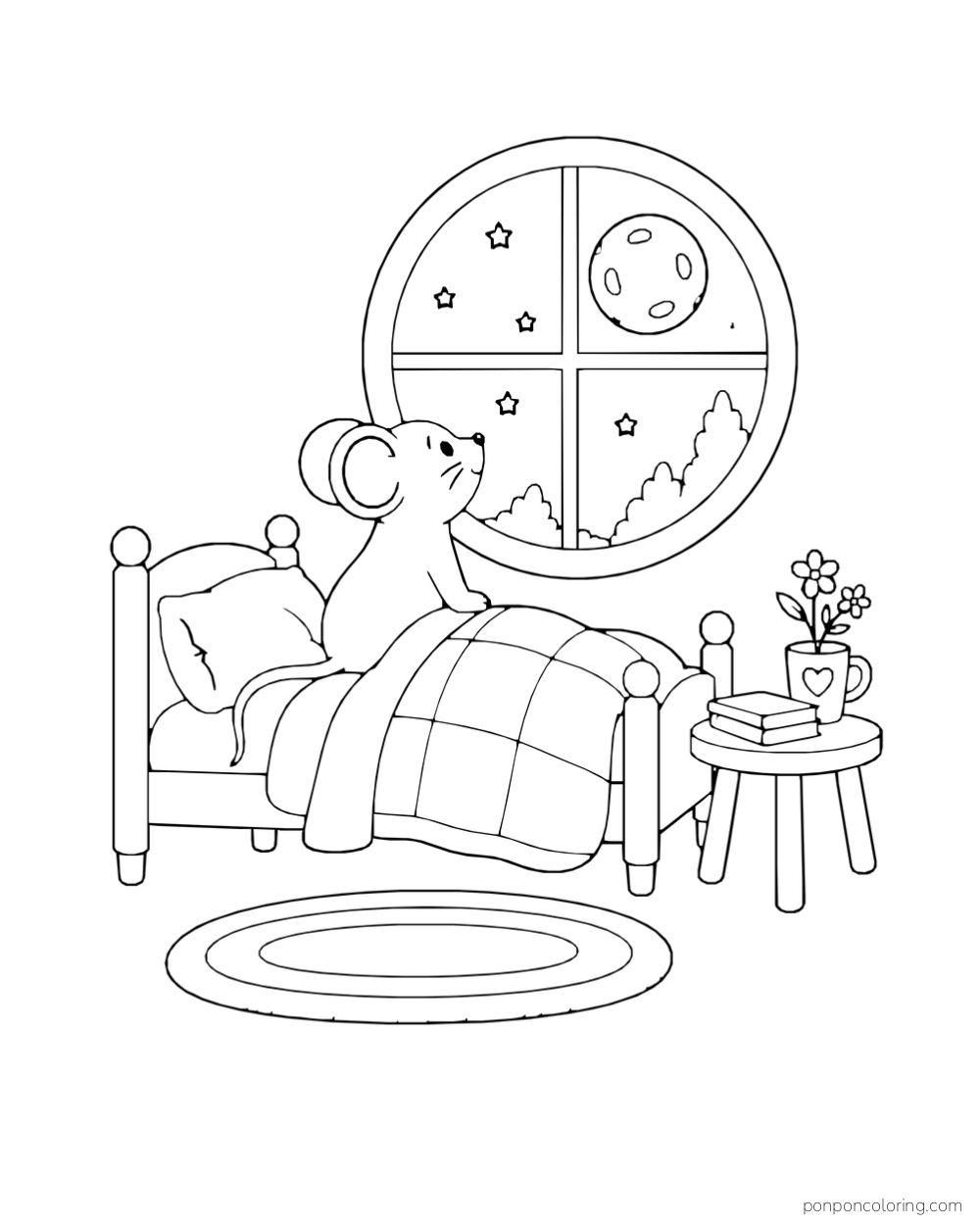 A mouse sits up in a small bed and looks at the moon through a round window.
