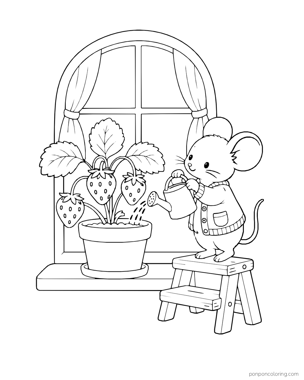 A mouse on a step stool watering a potted plant with three strawberries beside an arched window.