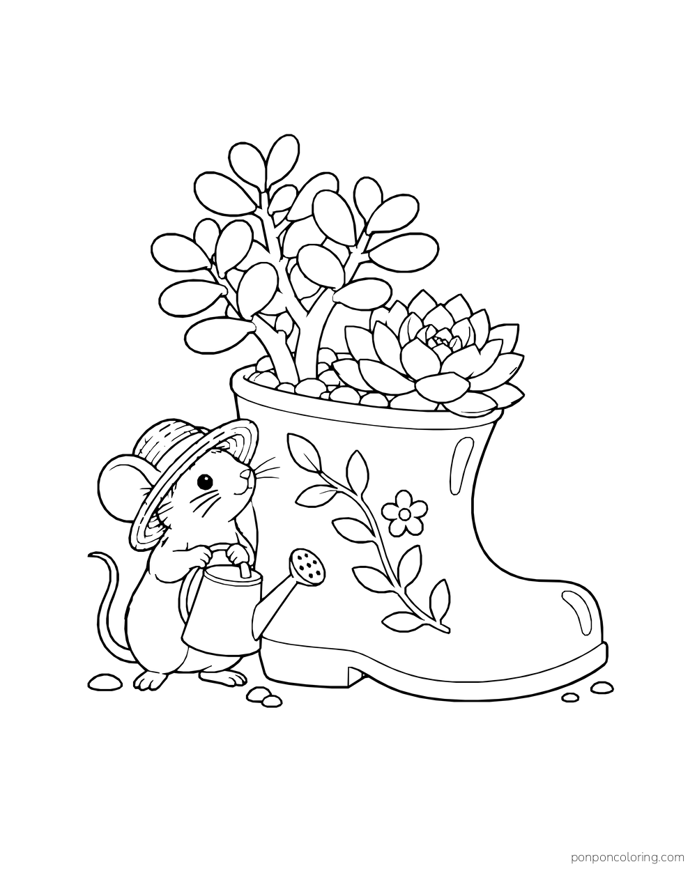 A mouse in a hat holding a watering can beside a boot-shaped planter containing two succulents.