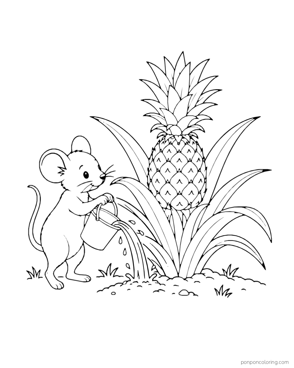 Mouse tipping a small bucket toward the roots of a pineapple plant.