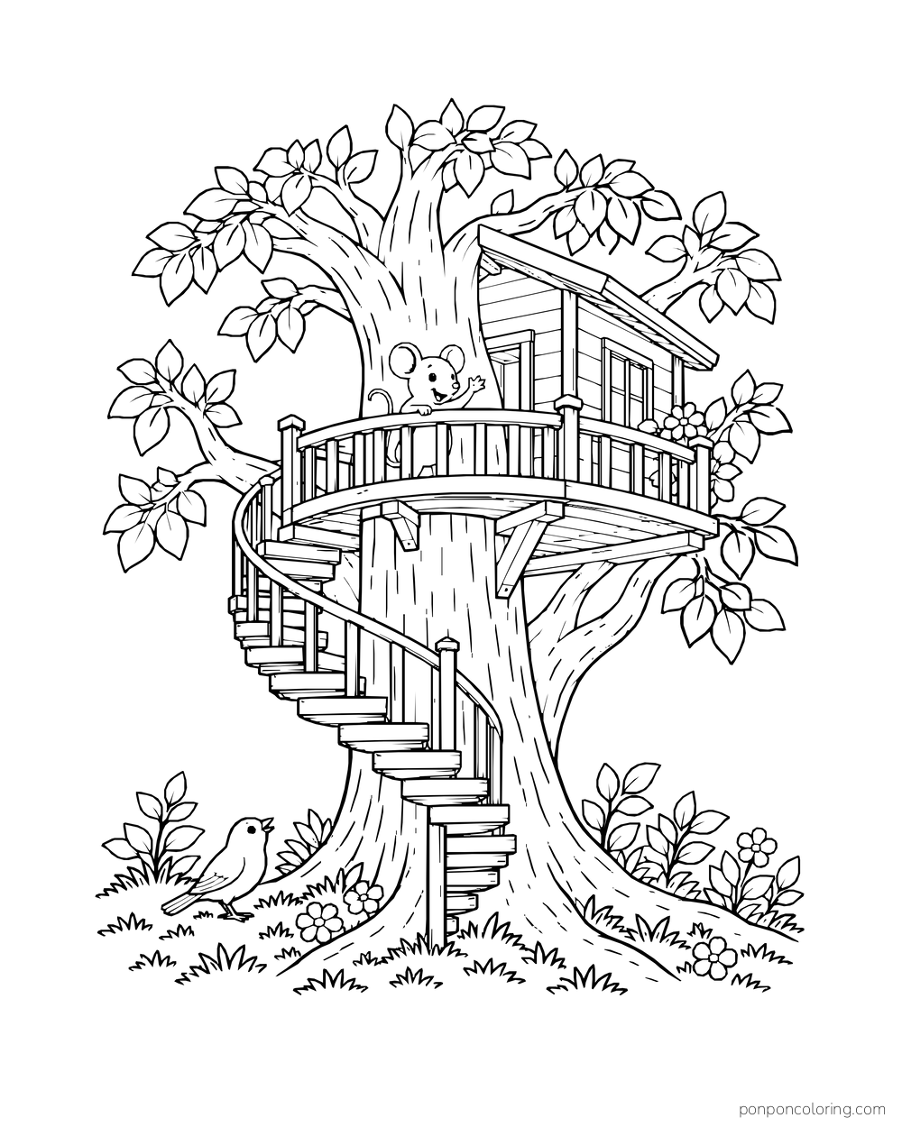 A mouse waves from a treehouse balcony reached by stairs winding around the trunk, while a bird stands below.