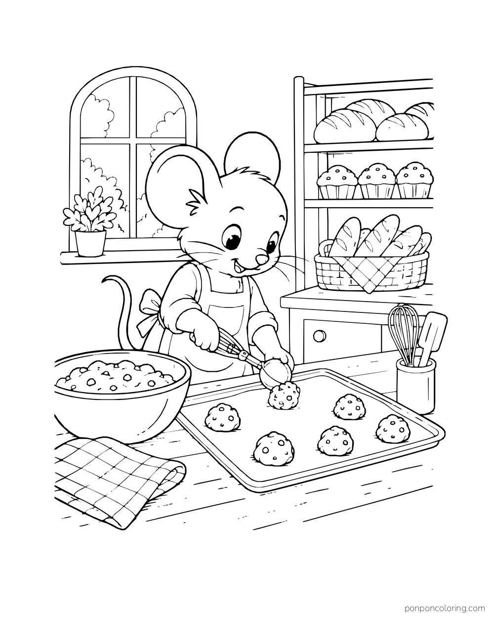 A mouse baker uses a scoop to place round portions of dough on a baking tray.
