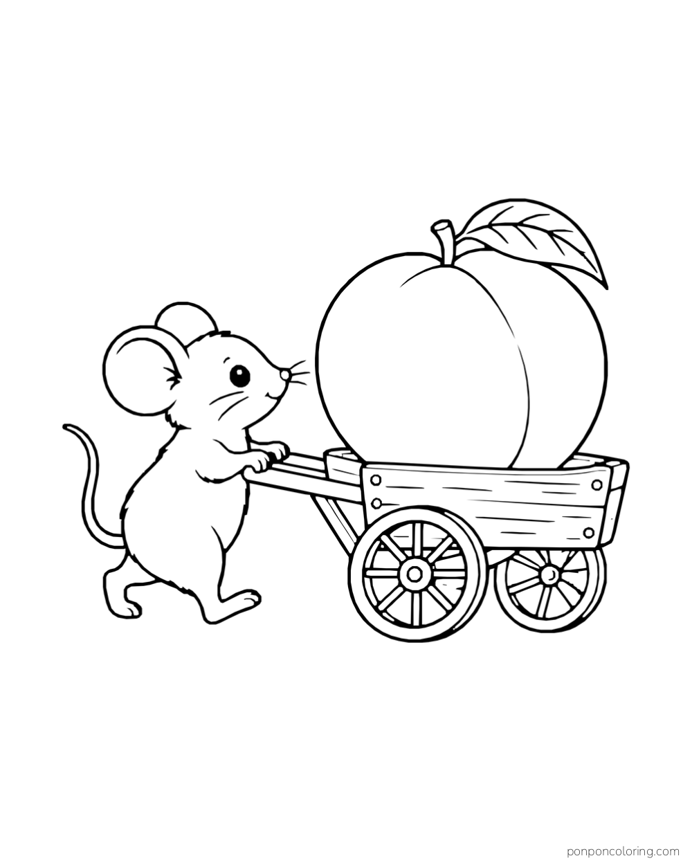 Tiny mouse pushing a two-wheel cart carrying one oversized peach.