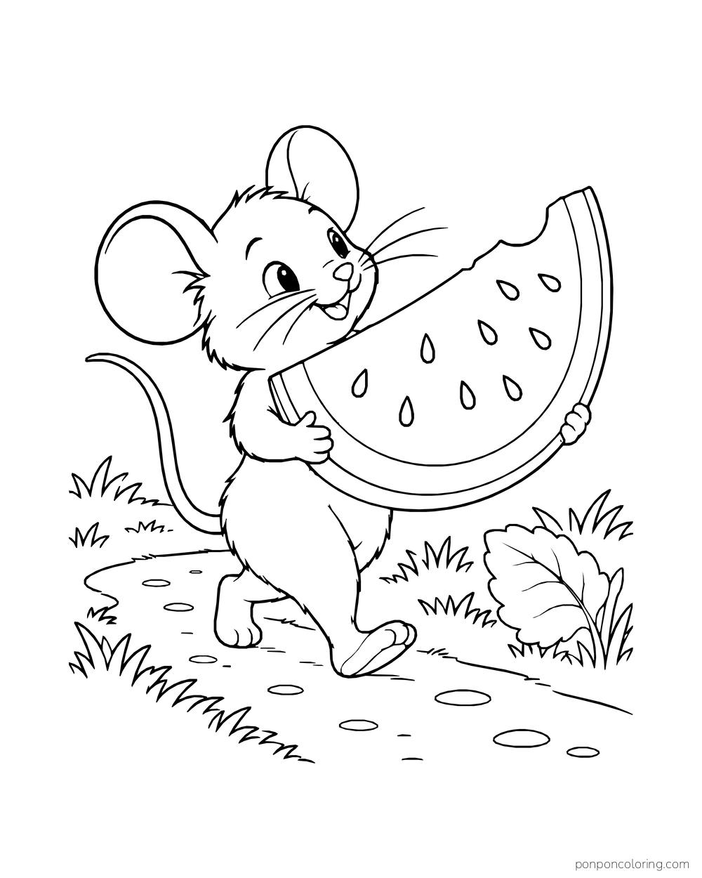 A mouse walking along a garden path while carrying an oversized watermelon wedge.
