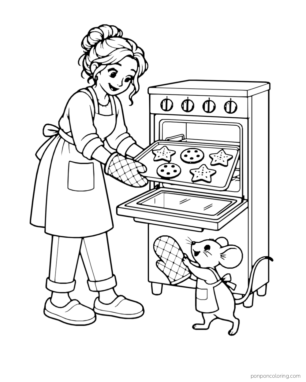 A baker pulls a cookie tray from an oven while a small mouse holds an oven mitt below.