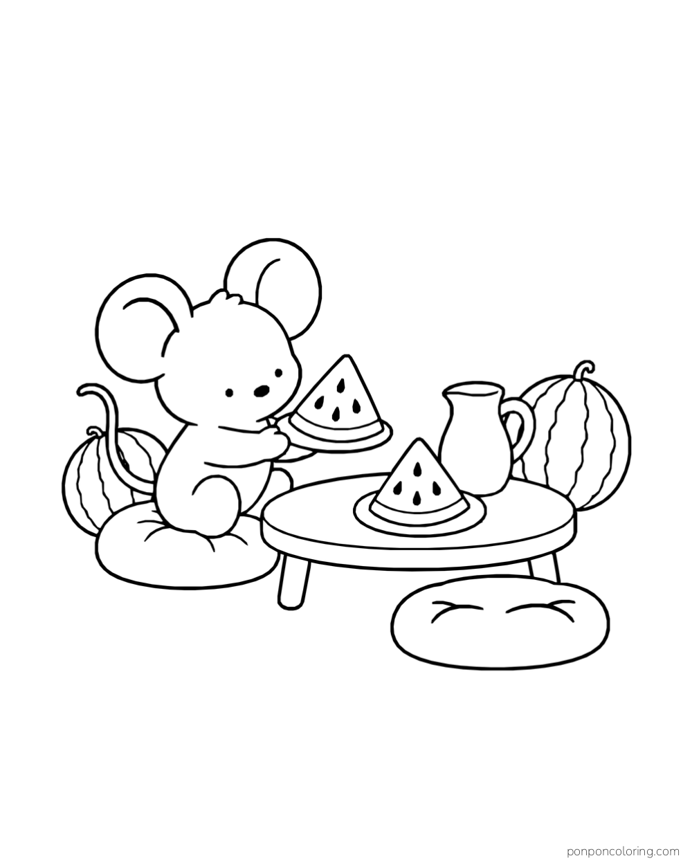 A mouse on a cushion holding a plate with a watermelon slice beside a low table, a pitcher, two whole melons, and a second cushion.