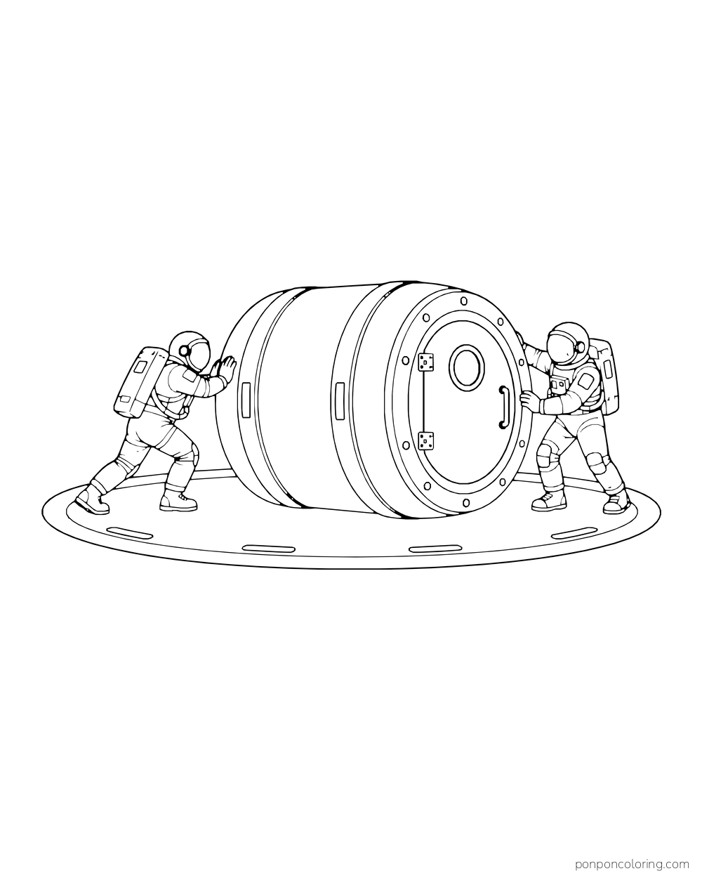 Two astronauts push a large round habitat module across a pad.