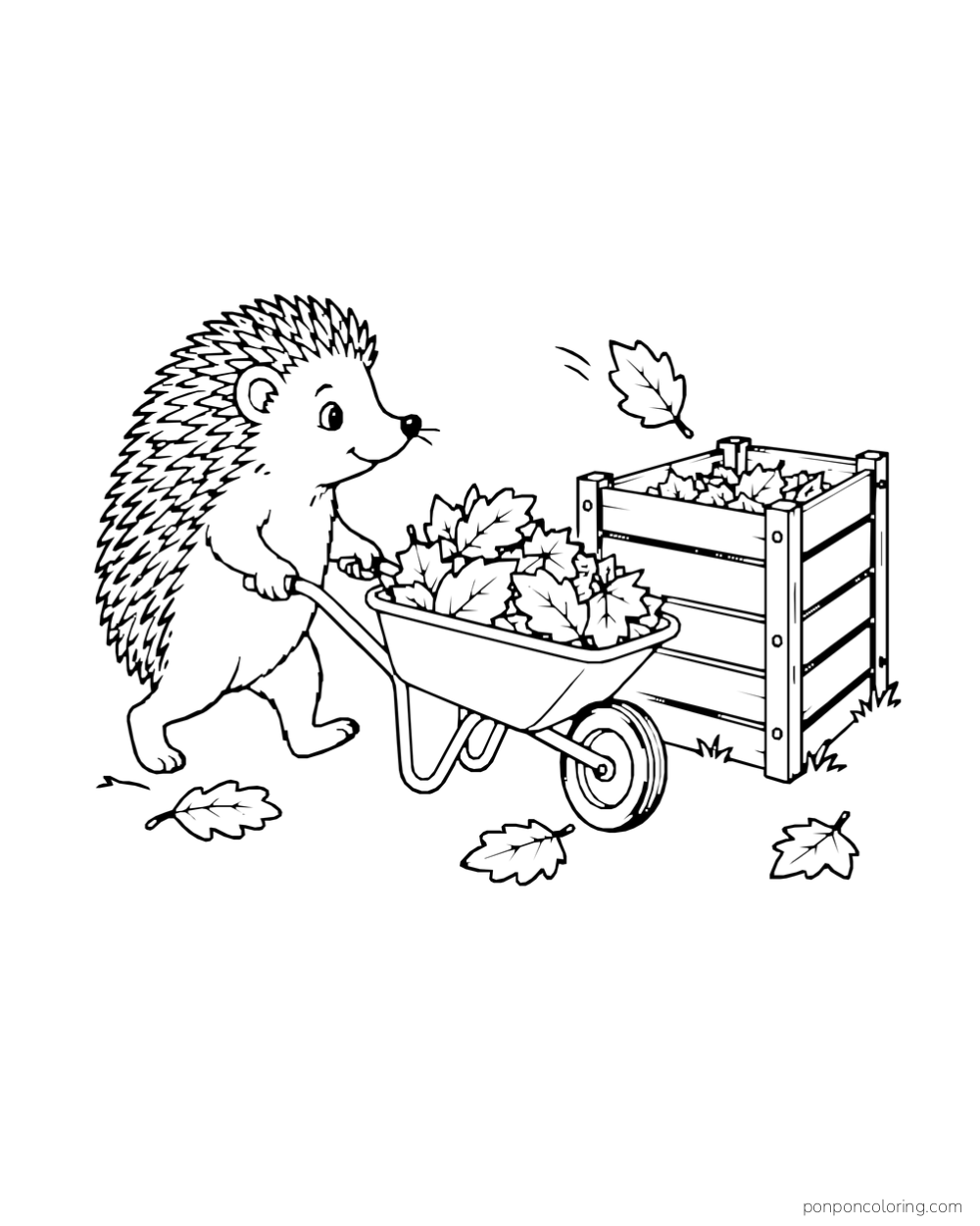 A hedgehog pushes a leaf-filled wheelbarrow toward a wooden compost bin.