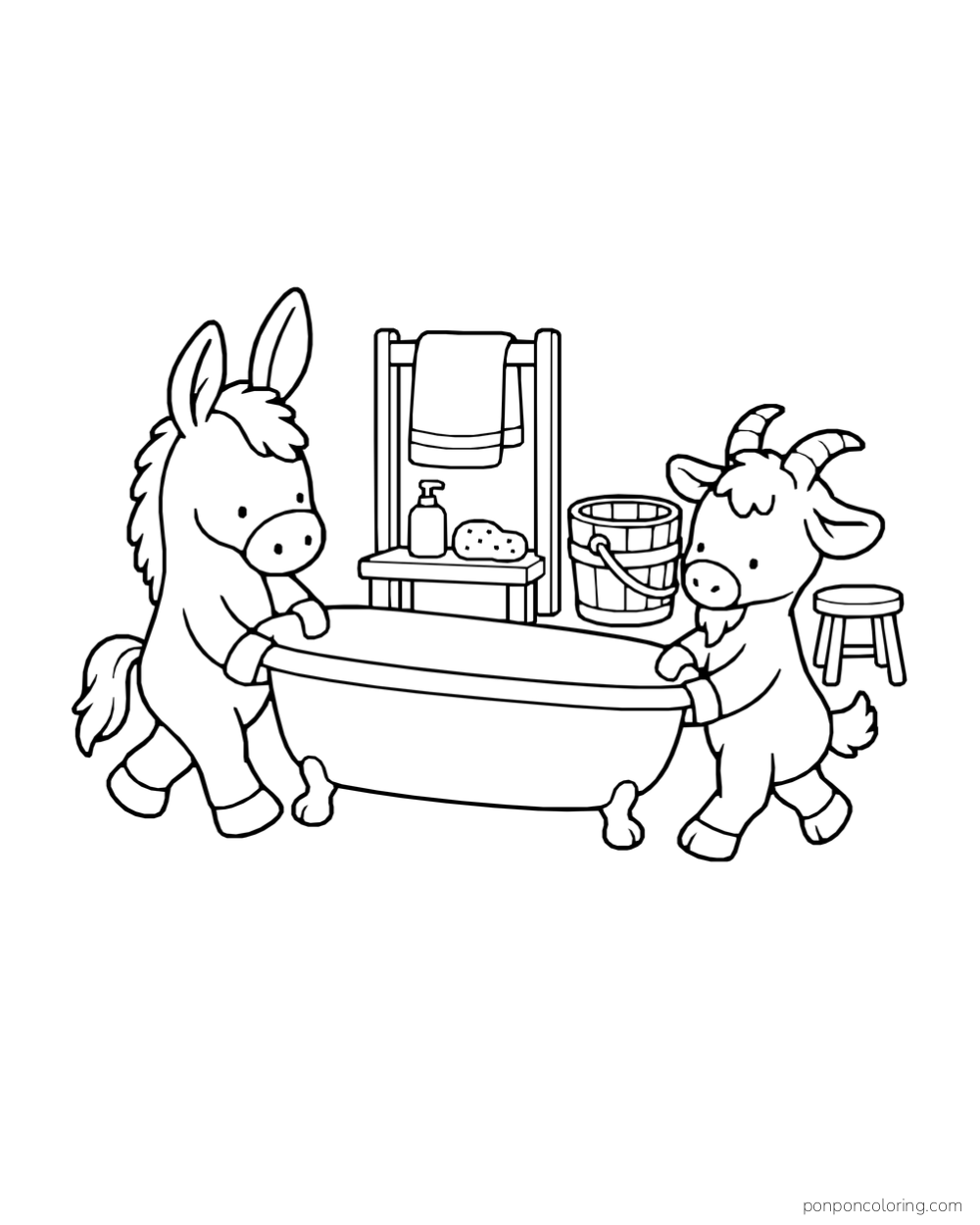A donkey and goat carry a clawfoot bathtub beside a towel rack and bucket.
