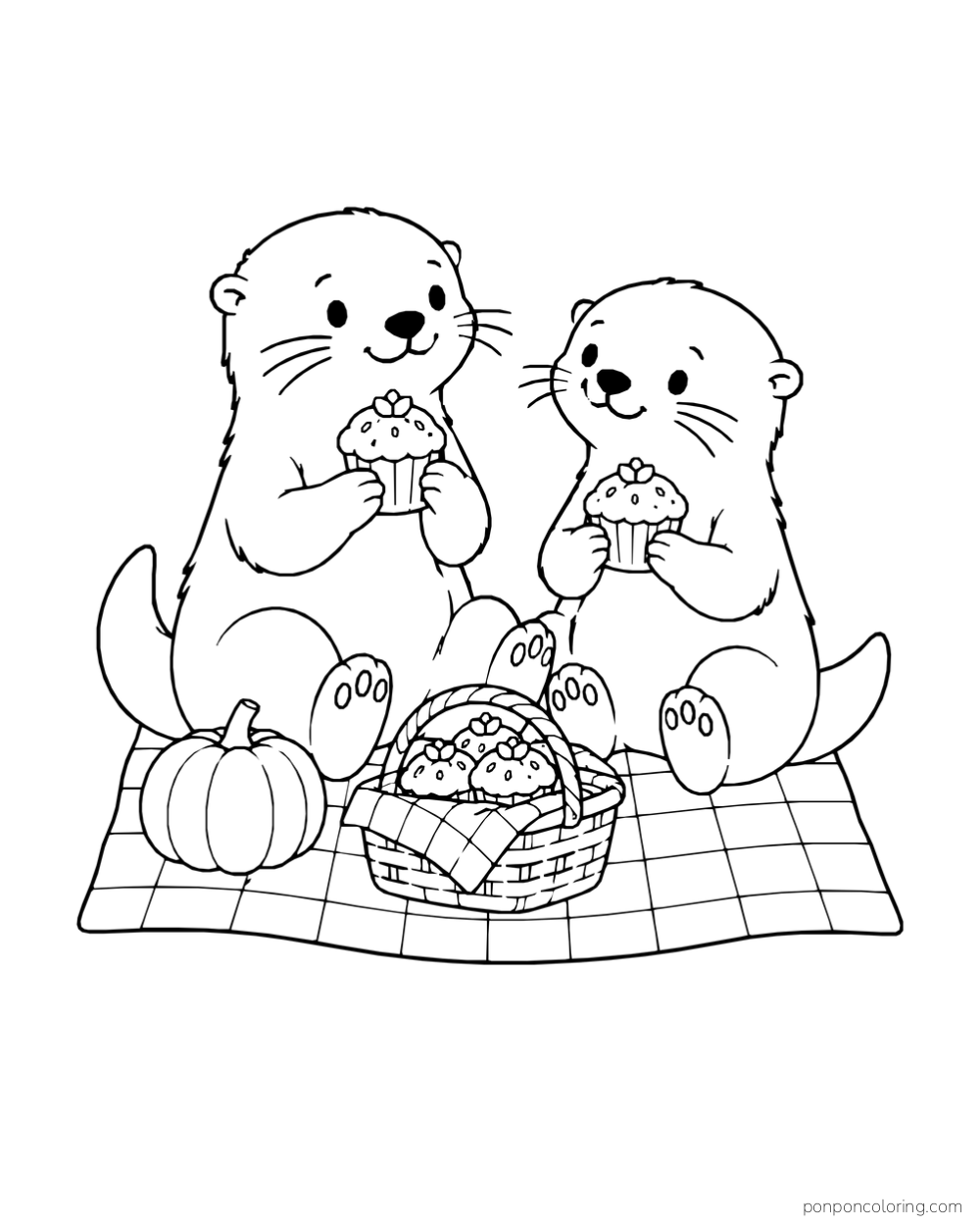 Two otters hold muffins on a checked picnic cloth beside a basket of muffins and a pumpkin.