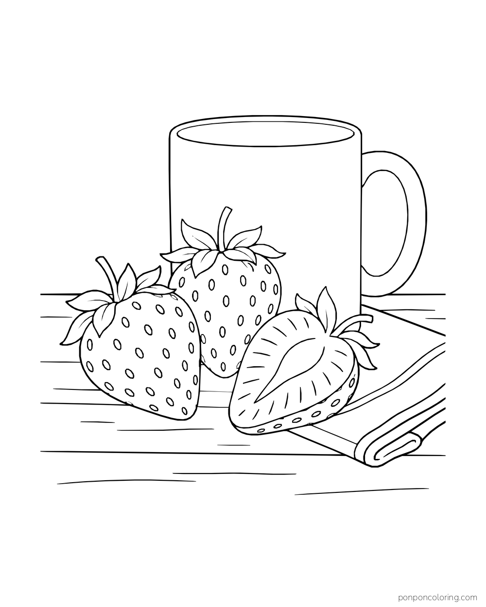 A plain mug sits behind two whole strawberries and a cut half on a folded cloth.