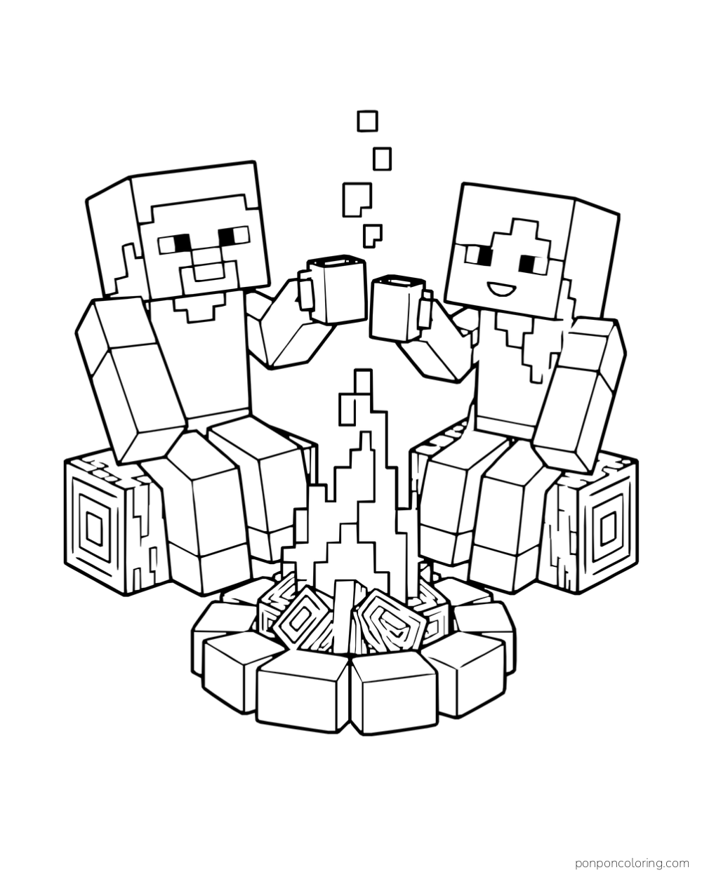 Steve and Alex raise their mugs beside a small campfire.