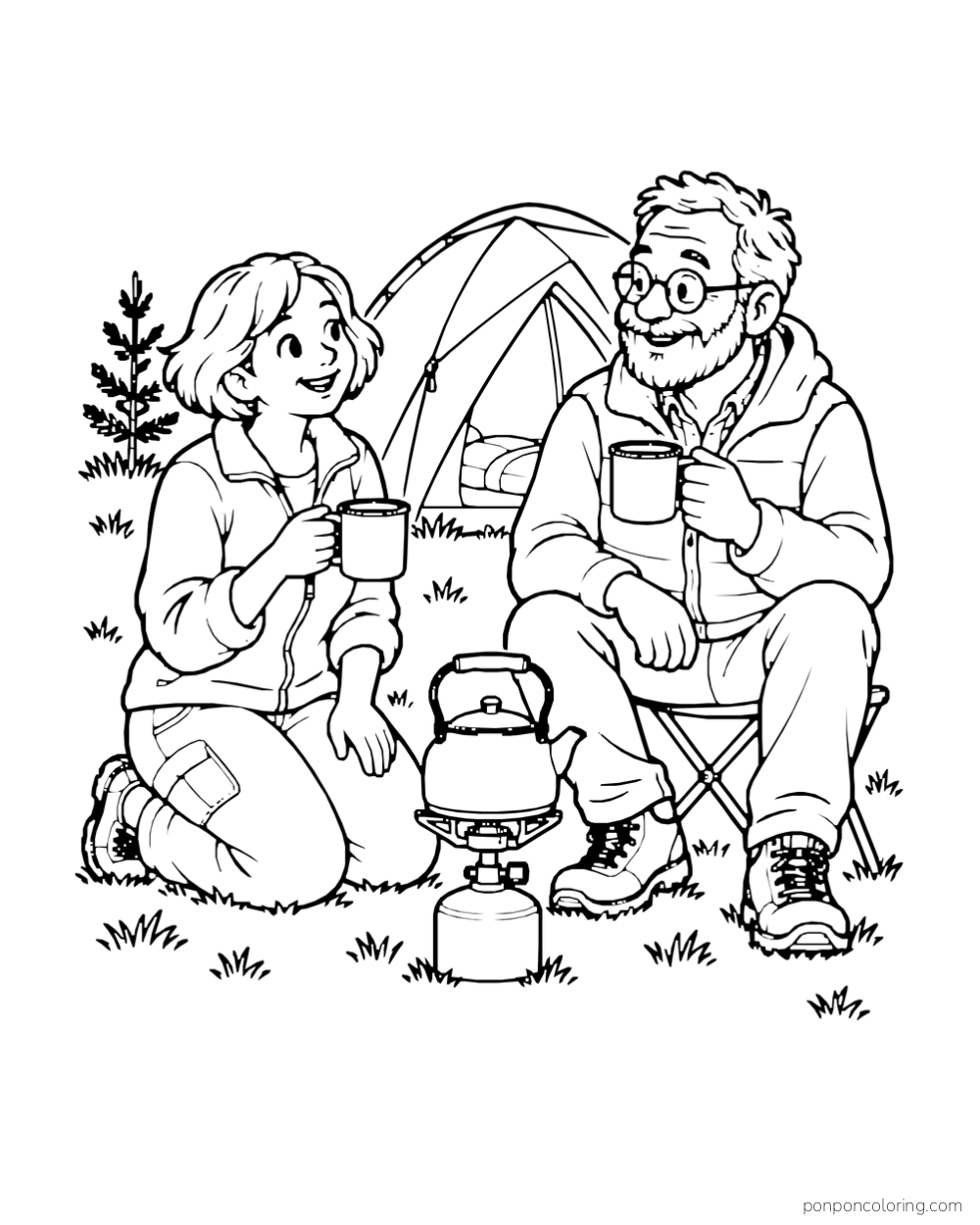 Two campers hold enamel mugs near a kettle on a compact camp stove.